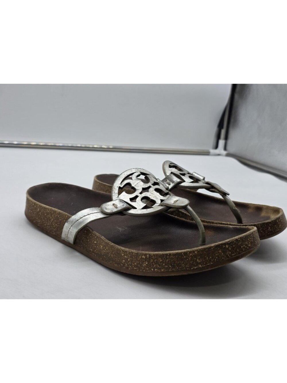 Tory Burch Sandals Women Size 8 Silver Miller Cloud Logo Thong Cork Footbed Shoe
